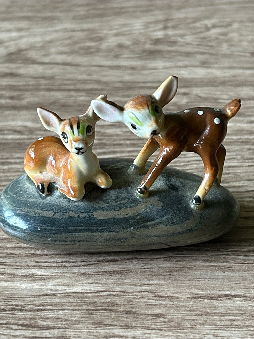 Ceramic Fawn Figurine Duo, mounted on a stone